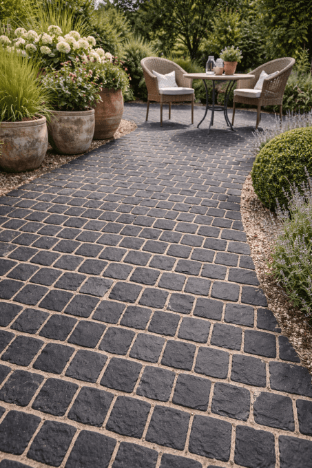 Pavés calcaire Taj'Black gris anthracite 14/14 cm Ep. 4/6 - unité de vente : 1 m² pour 42 pavés